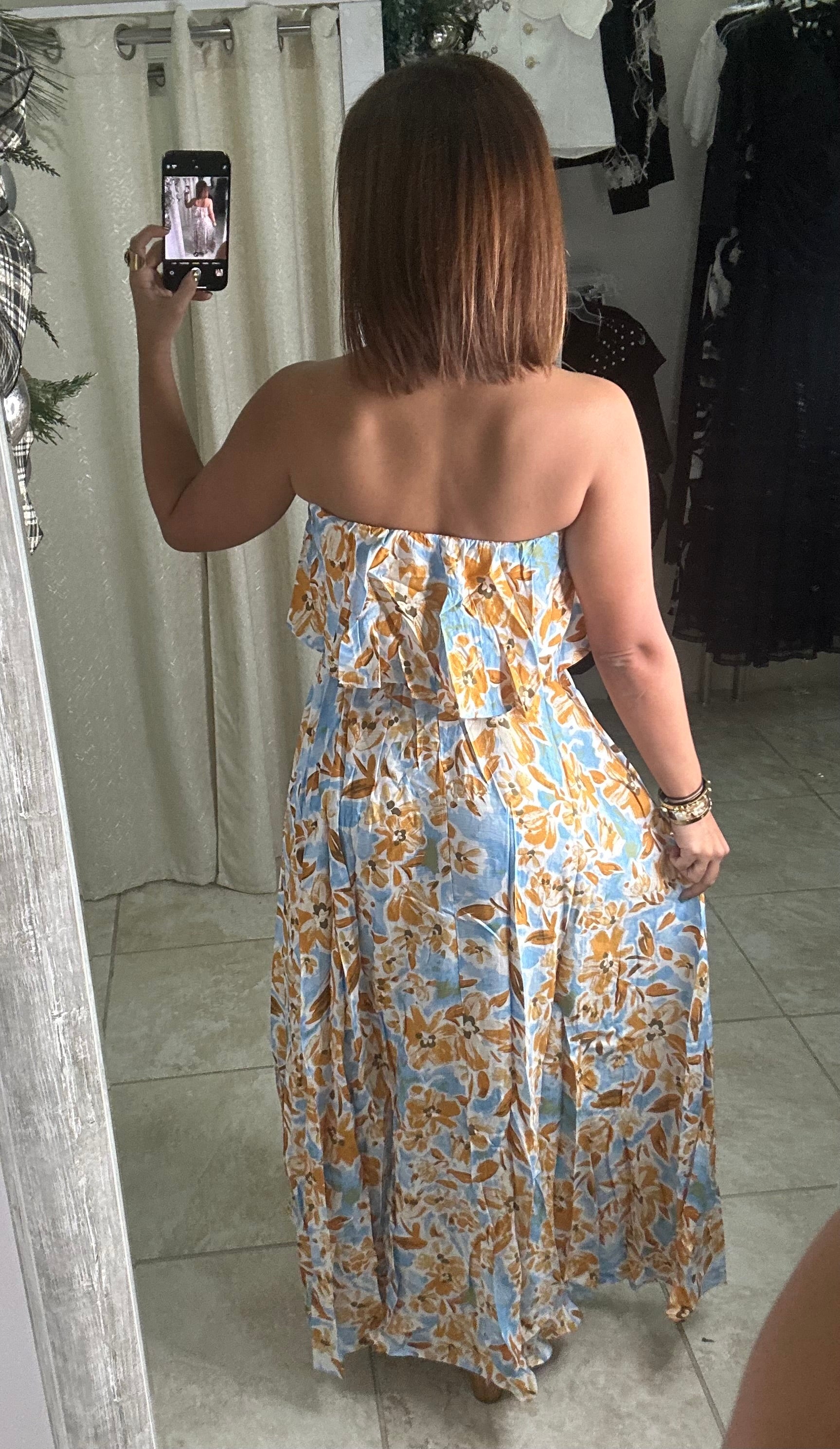 Baby Blue/ White/Mustard Maxi Dress