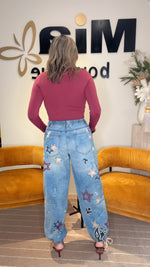 Stars & Paisley Mix Embroidery Denim Pants