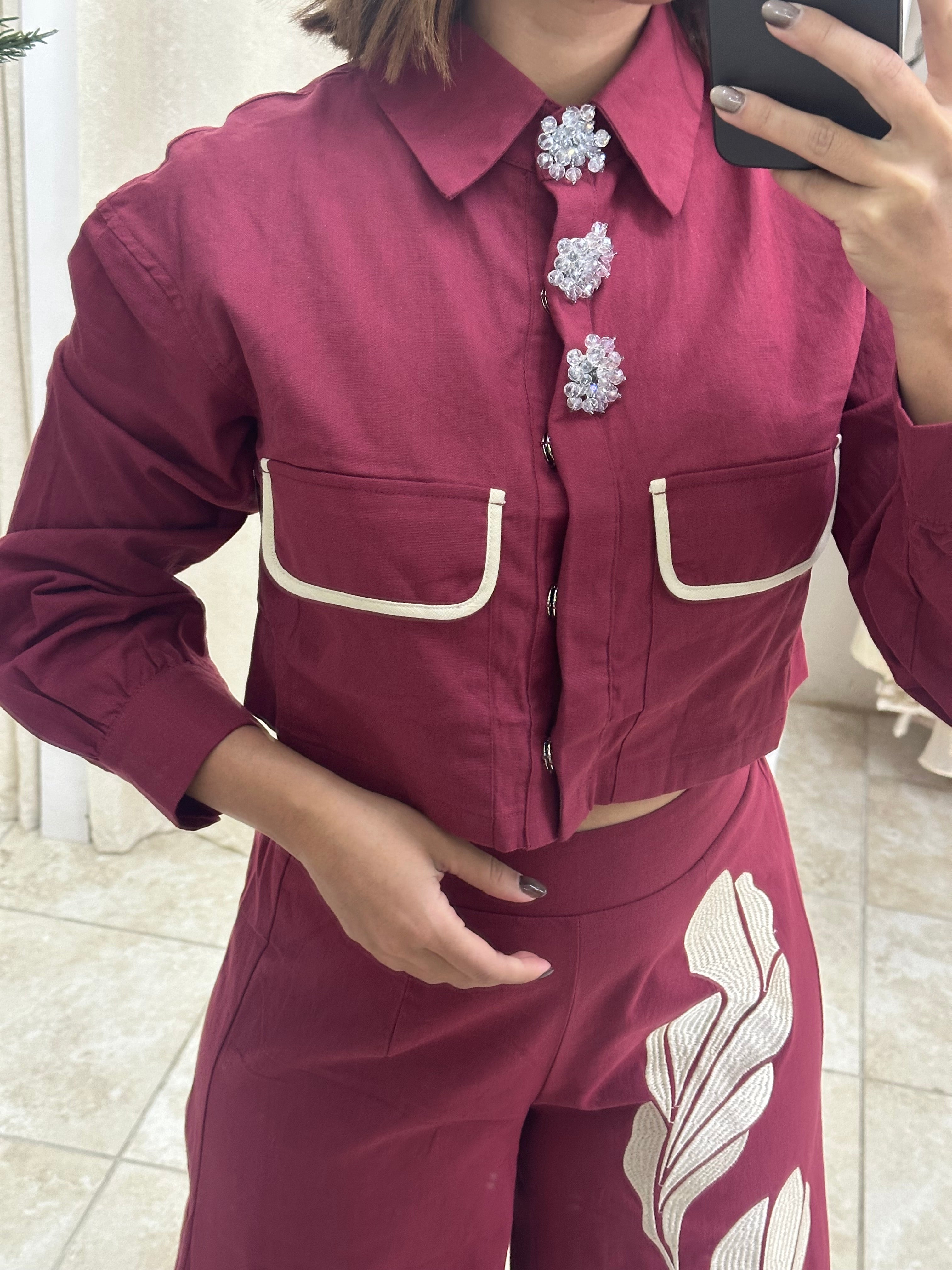 Burgundy Embriodery Leaves Pant Set