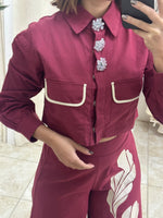 Burgundy Embriodery Leaves Pant Set