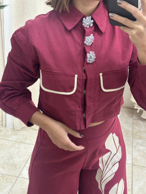 Burgundy Embriodery Leaves Pant Set