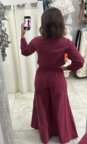 Burgundy Embriodery Leaves Pant Set