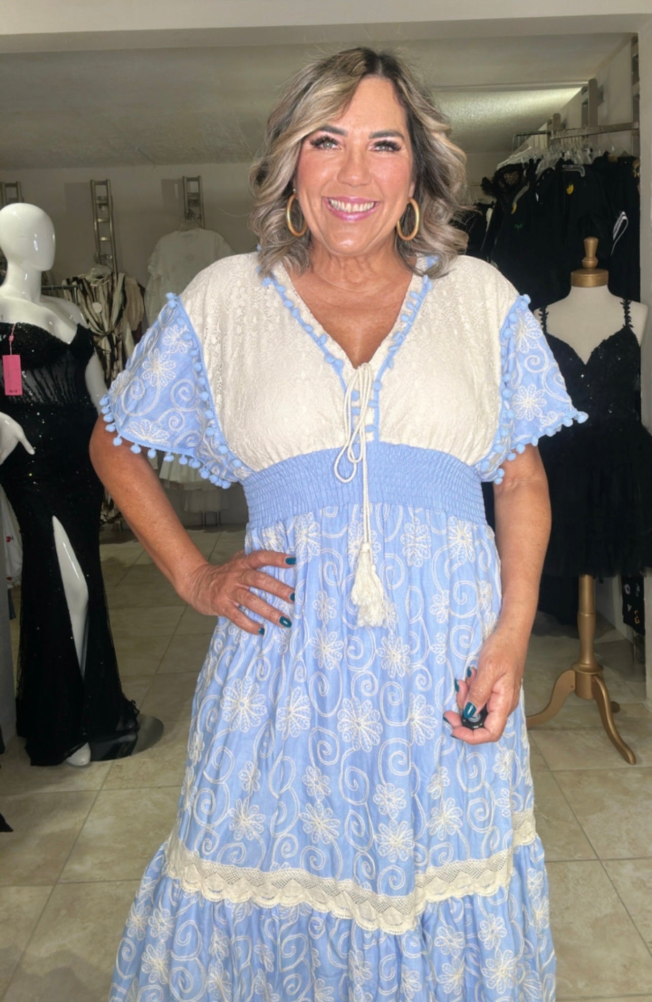 Embroidery Cream & Blue Maxi Dress