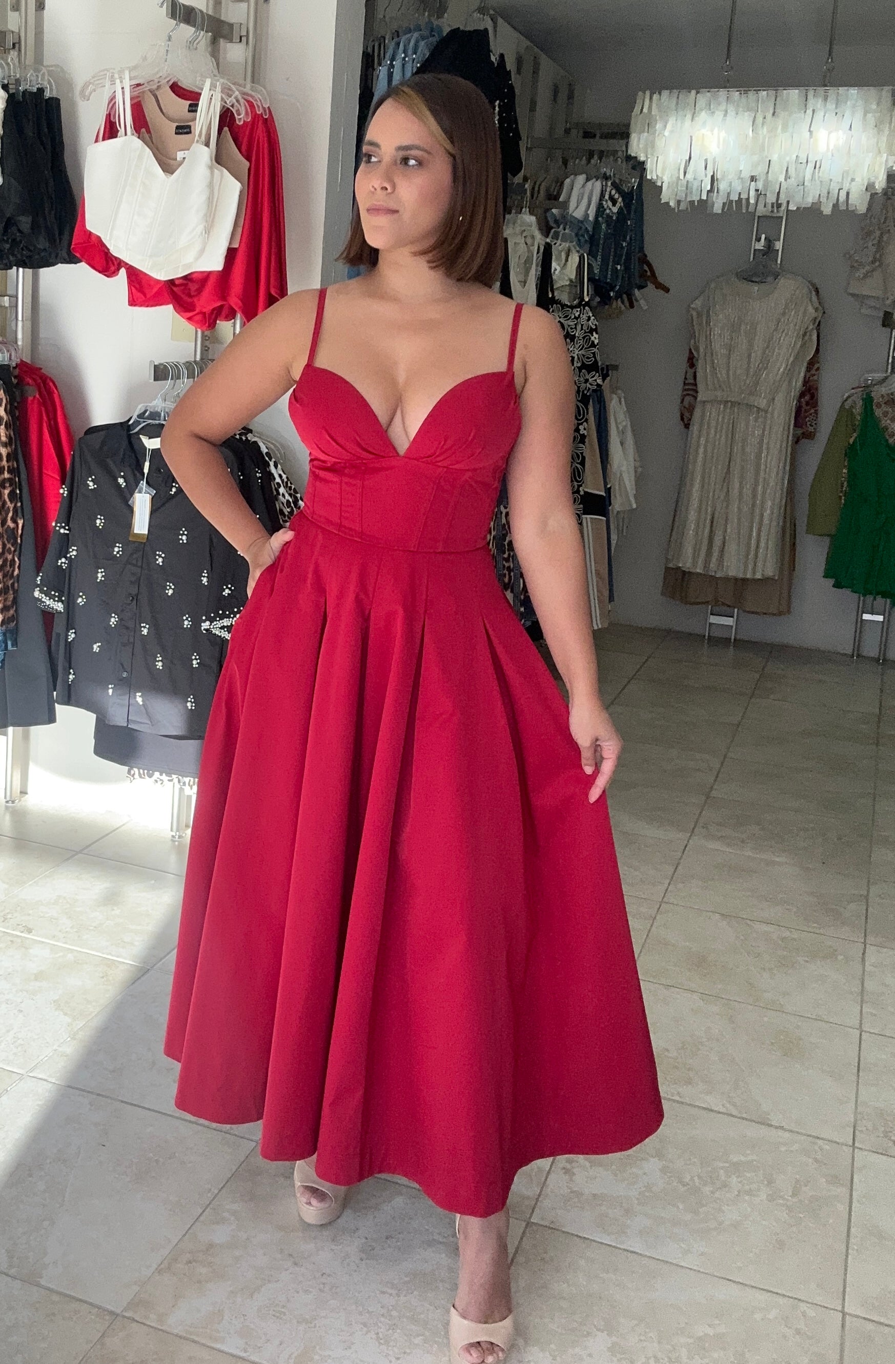 Cherry Color Midi Dress