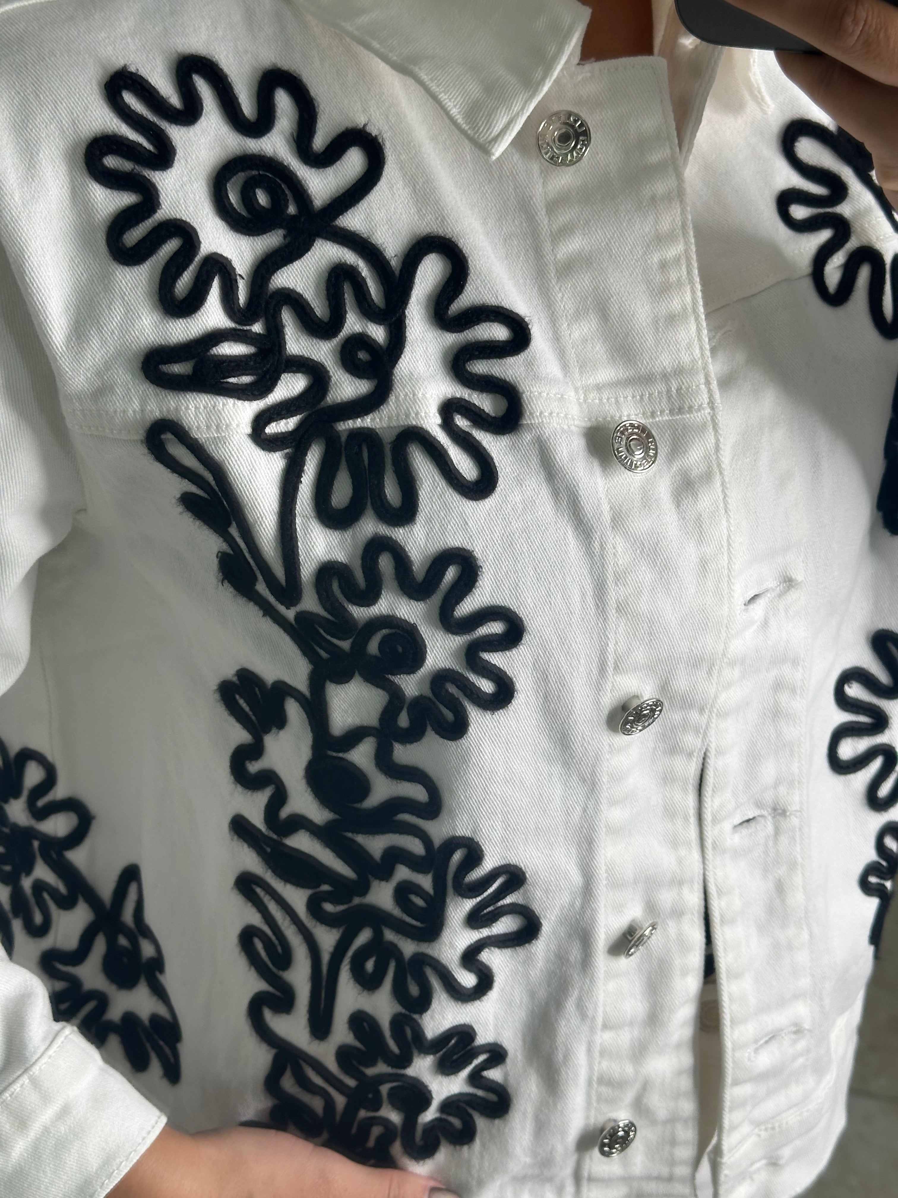 White Denim & Black Embroidery Pant Set