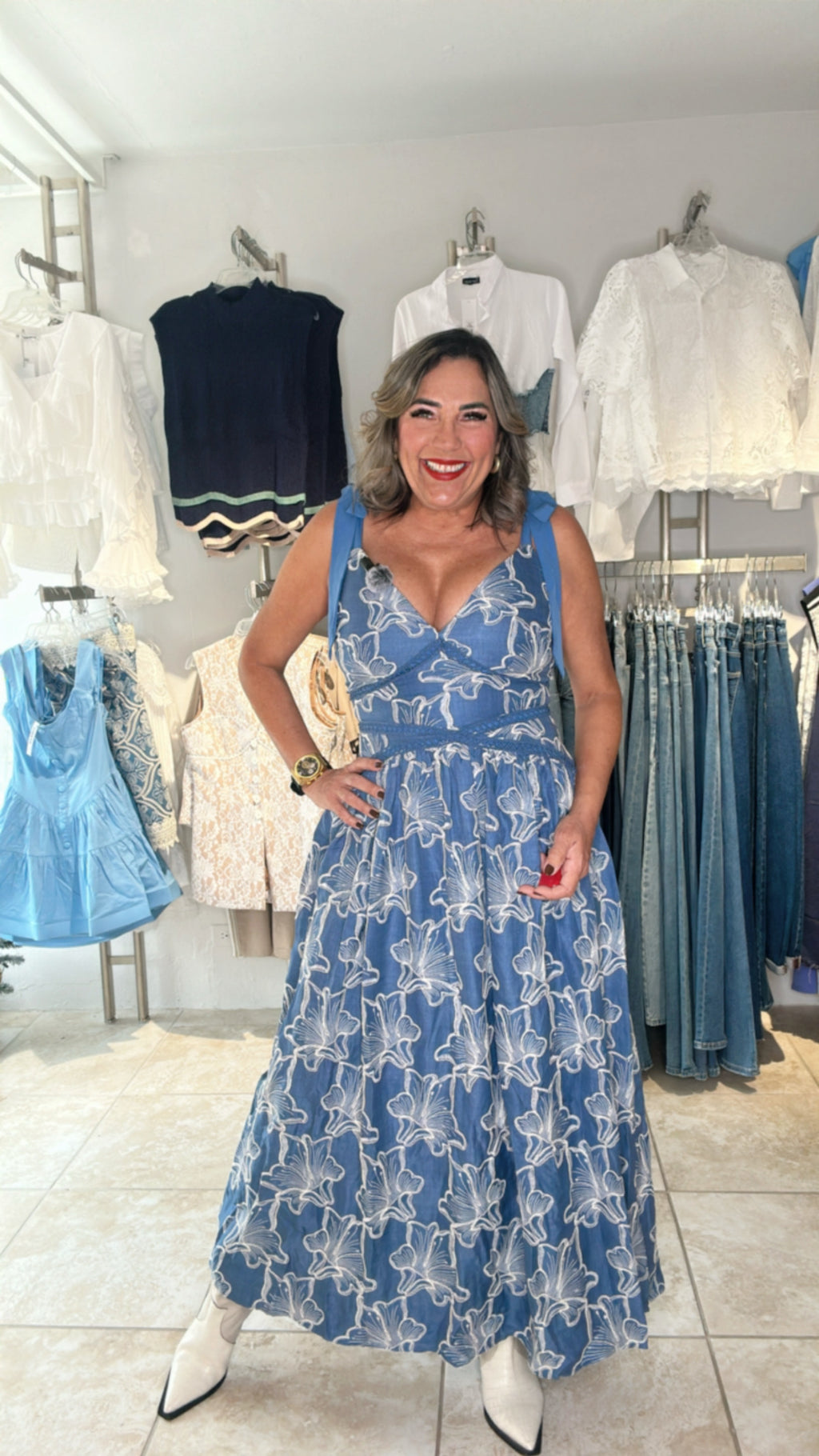 Floral Embroidered V-Neck Denim Dress