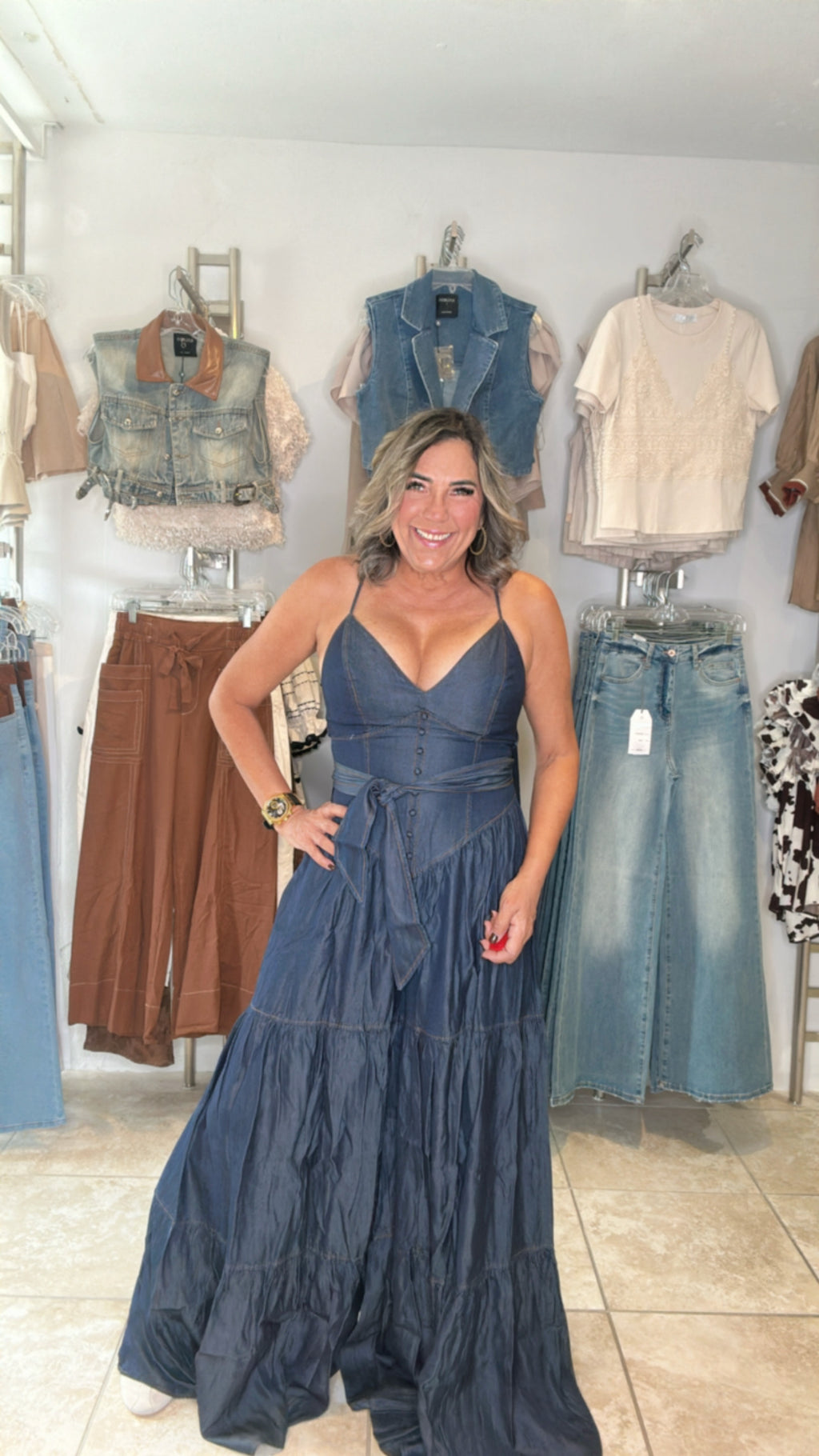 Denim V-Neck Shoulder Strap Jumpsuit