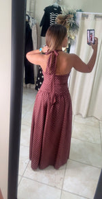 Stripe Halter Ruched Drop Maxi Dress