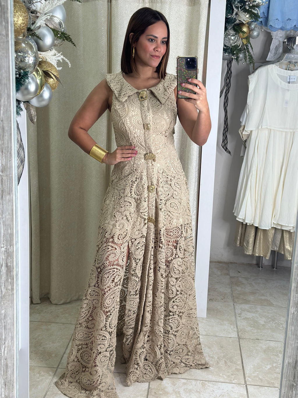 Khaki Eyelet Maxi Dress