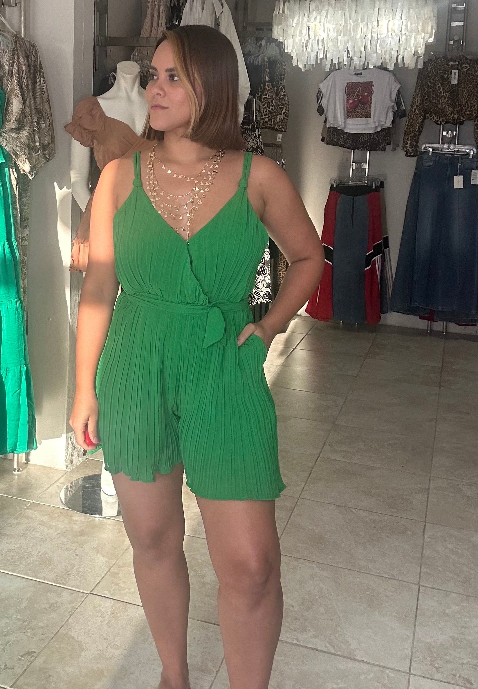 Kelly Green Pleated Romper