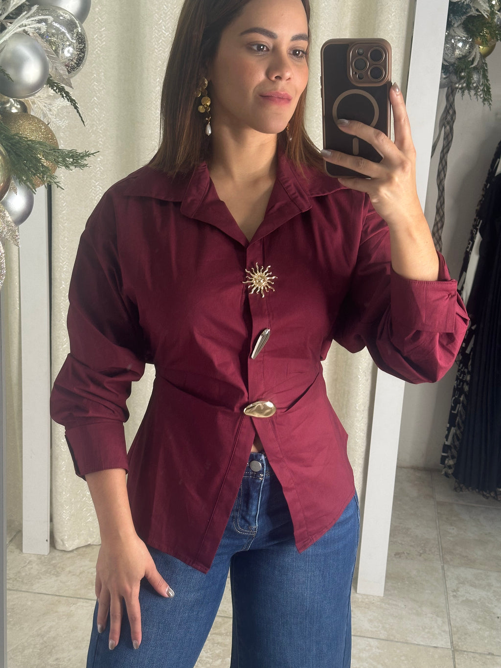 Burgundy Metal Button Blouse
