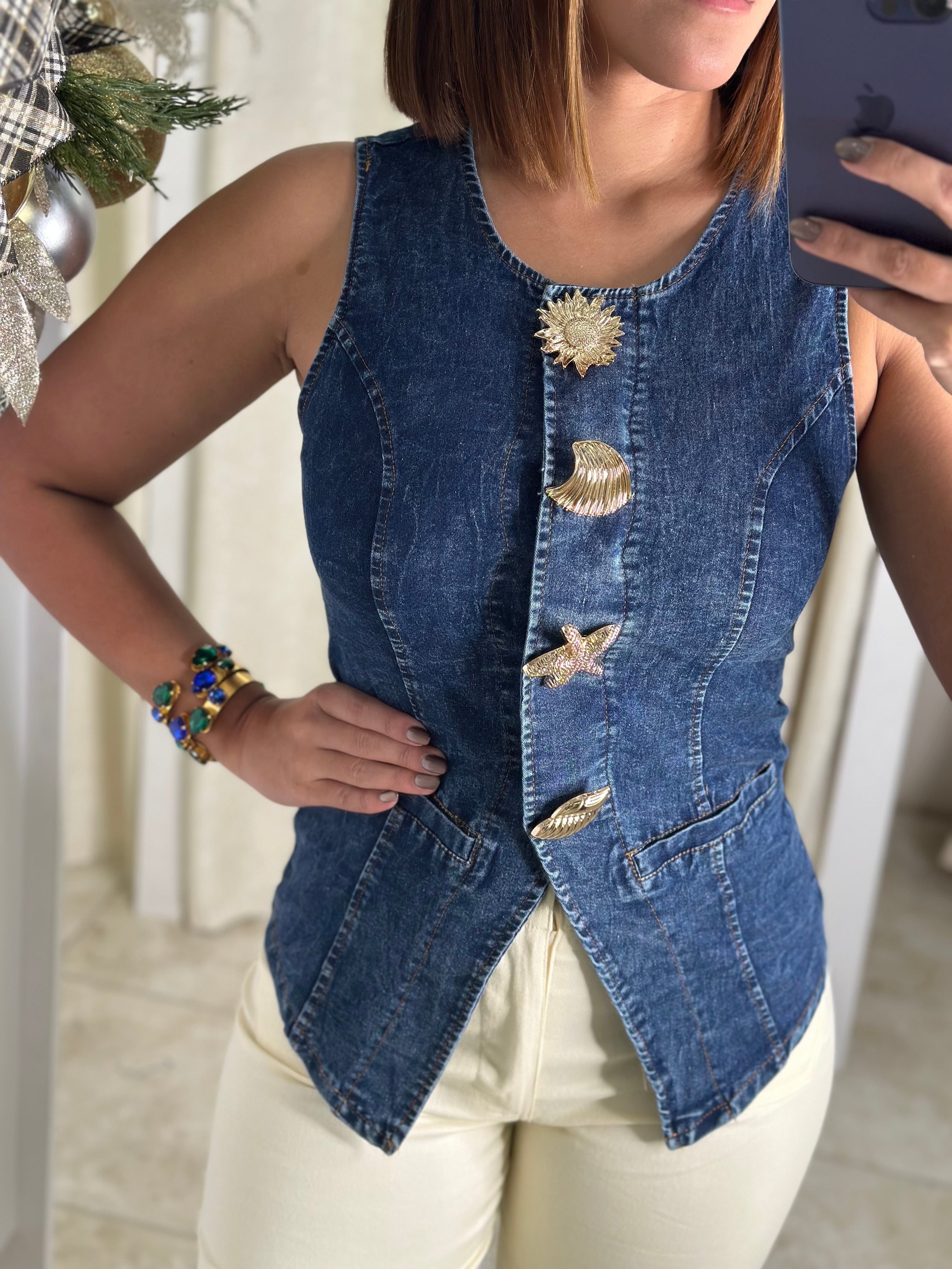 Dark Denim Metal Button Blouse