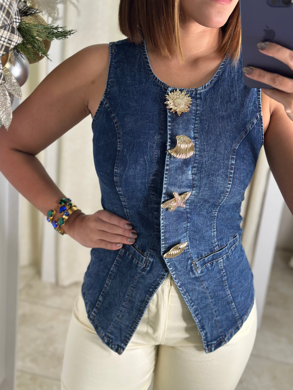 Dark Denim Metal Button Blouse