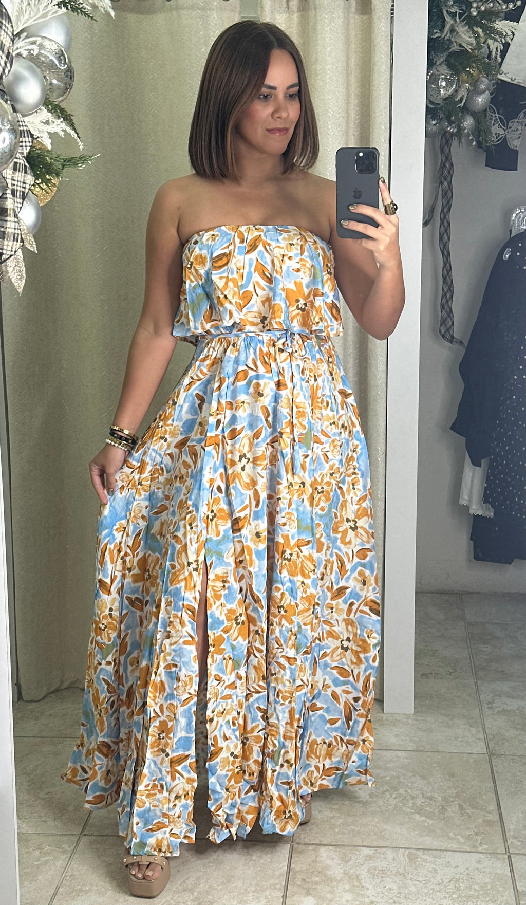 Baby Blue/ White/Mustard Maxi Dress