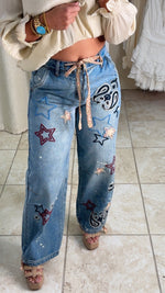 Stars & Paisley Mix Embroidery Denim Pants