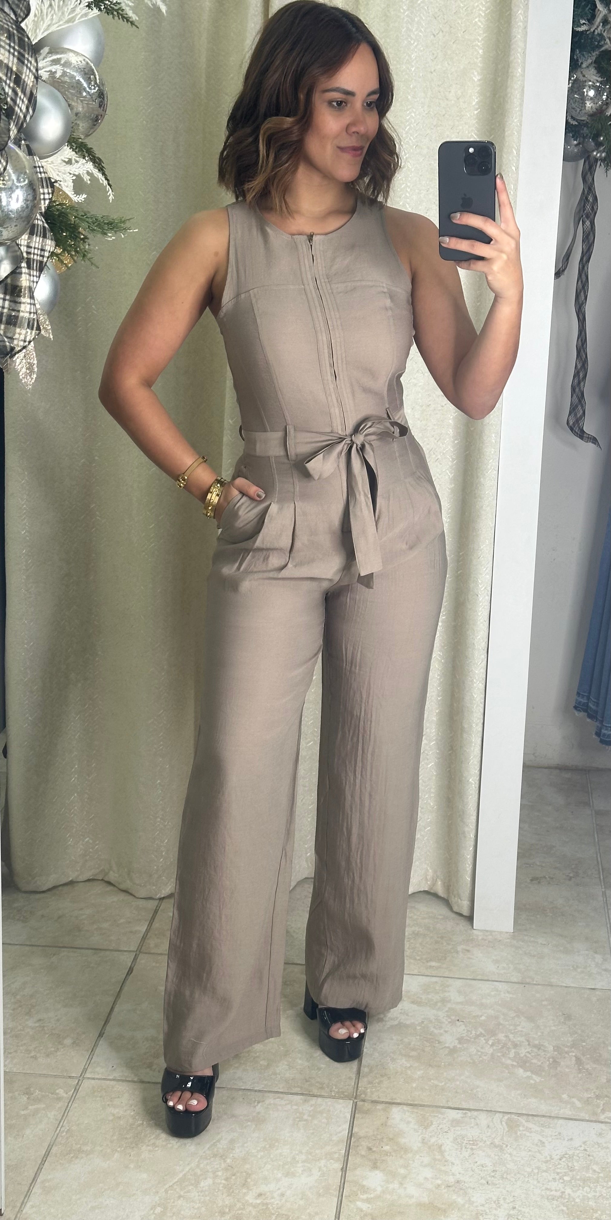 Taupe High Neck Zipper Jumpsuit