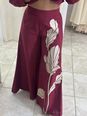 Burgundy Embriodery Leaves Pant Set