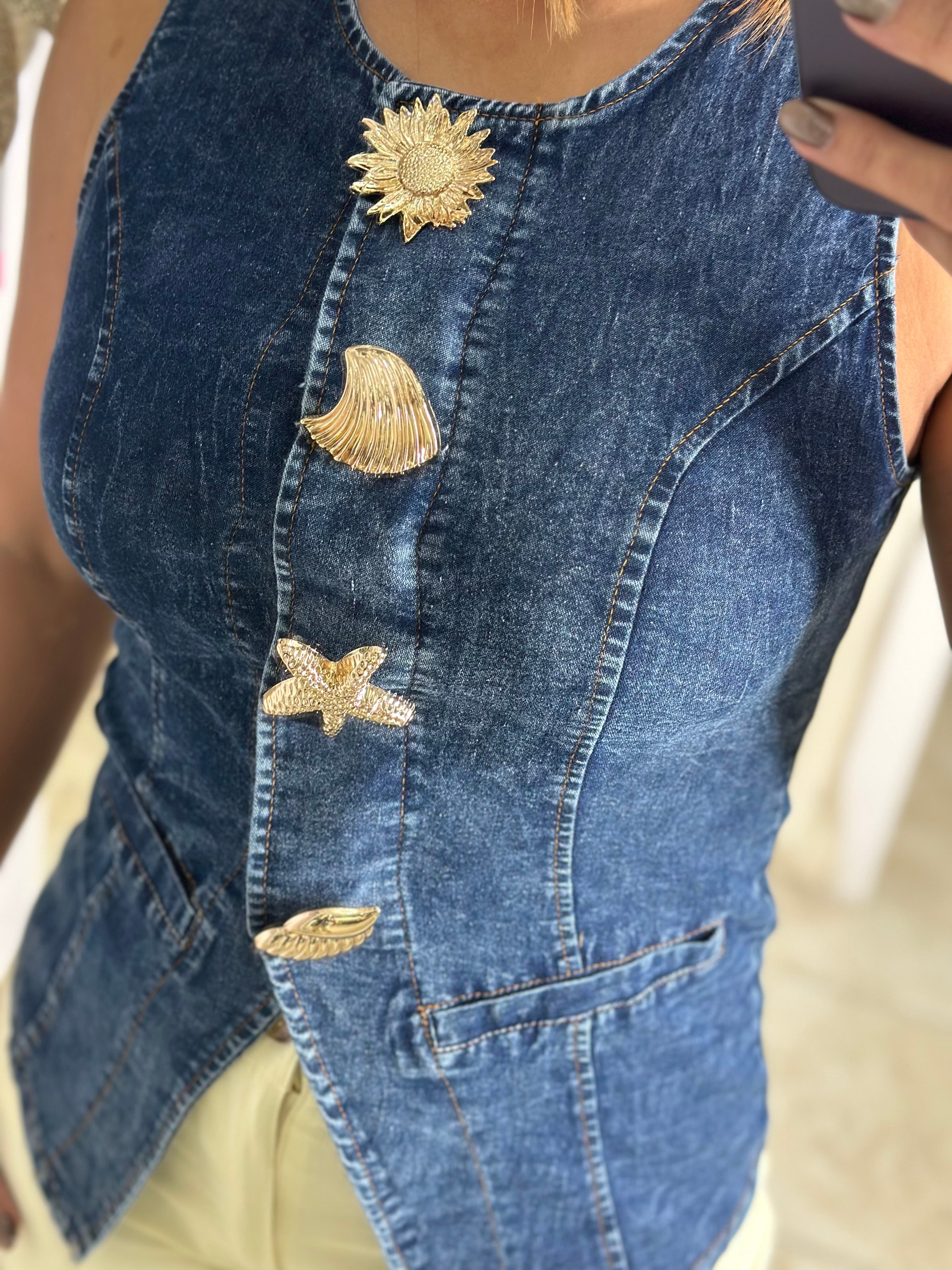 Dark Denim Metal Button Blouse