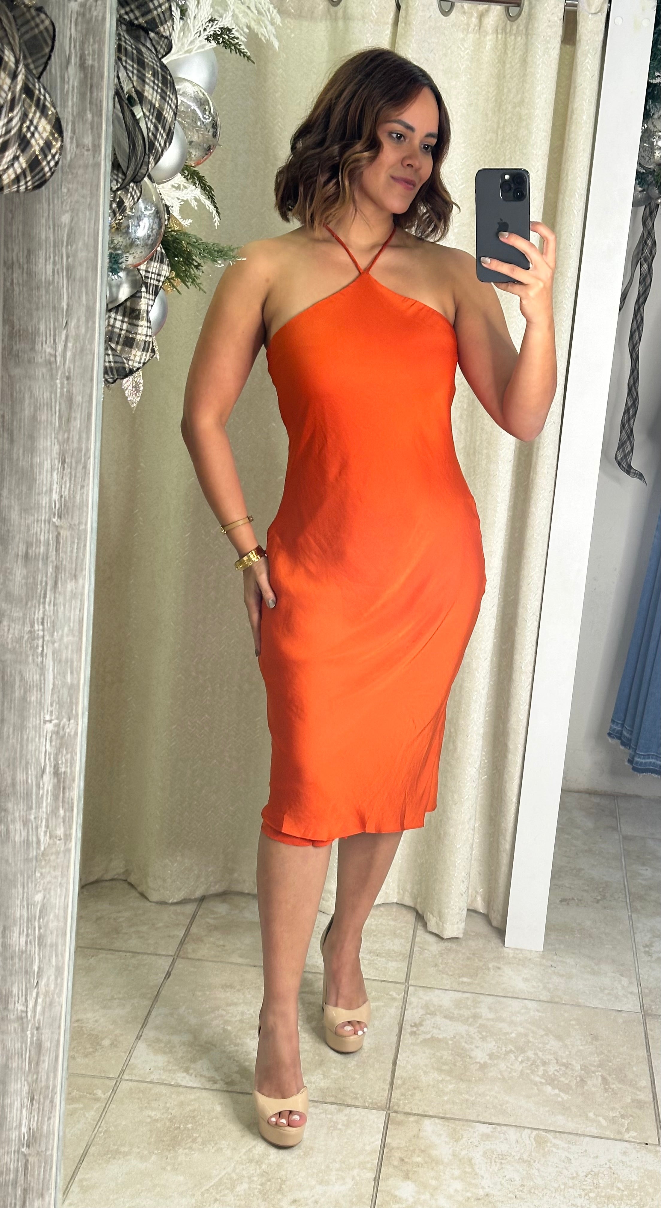 Pumkin Satin Halter Midi Dress