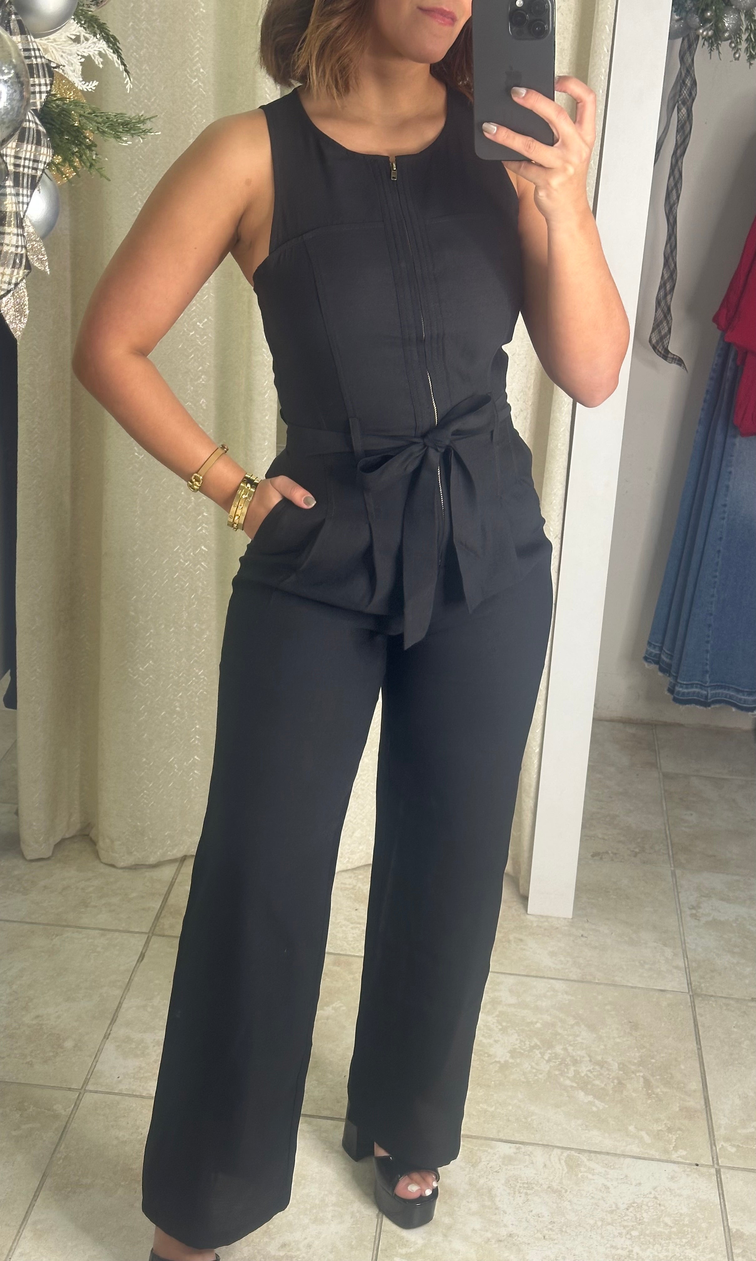 Black High Neck Zipper Jumpsuit