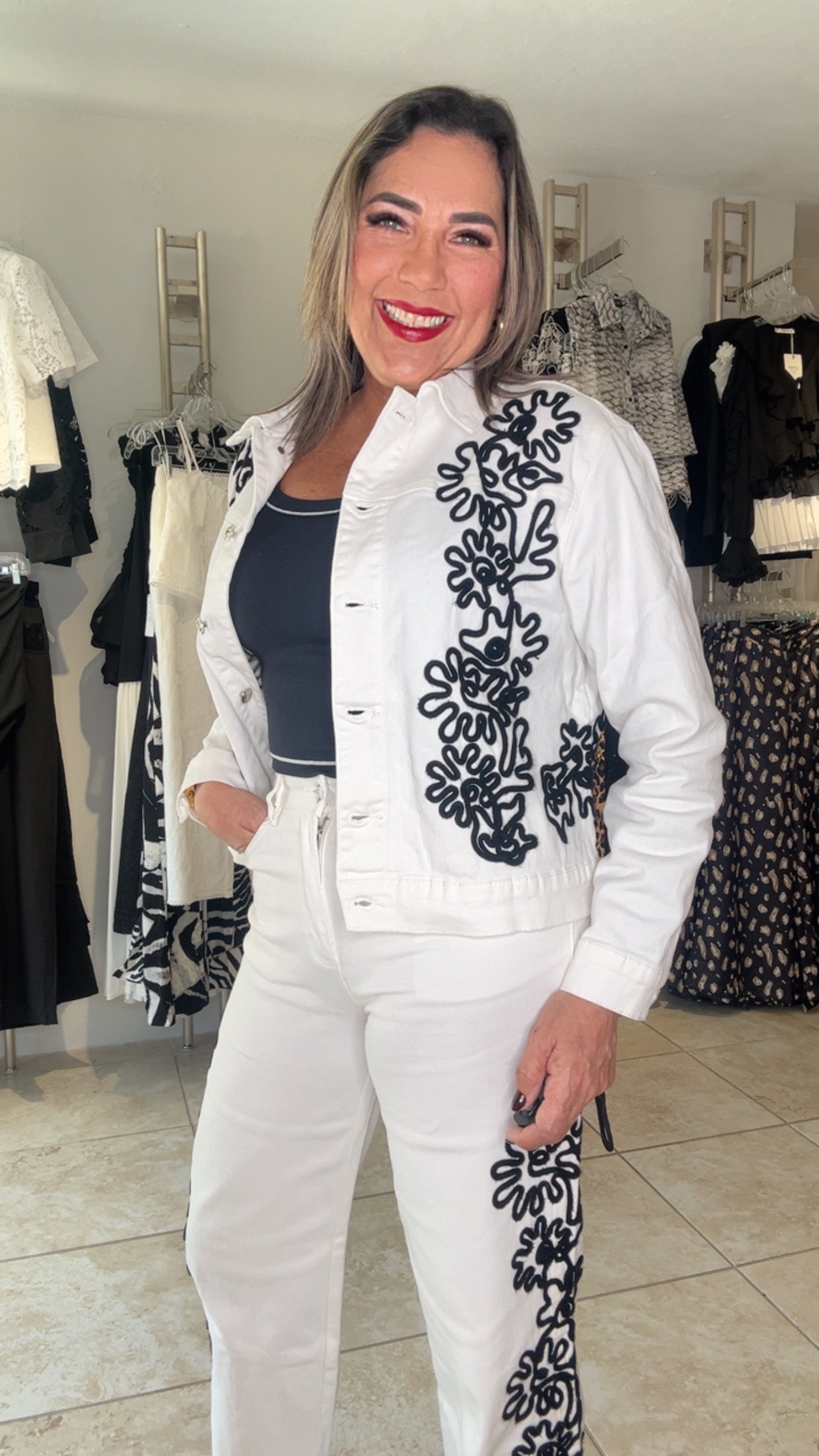 White Denim & Black Embroidery Pant Set