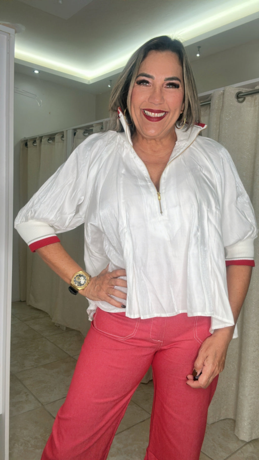 White & Red Puff Sleeve Blouse