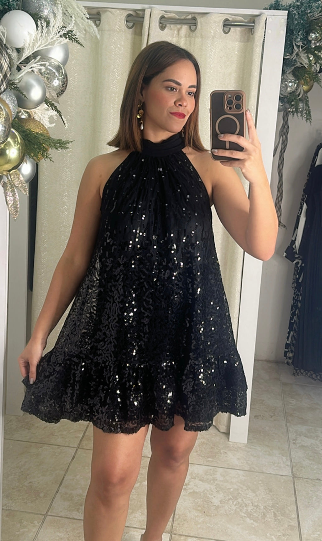 Sequin Embellished Halter Mini Dress