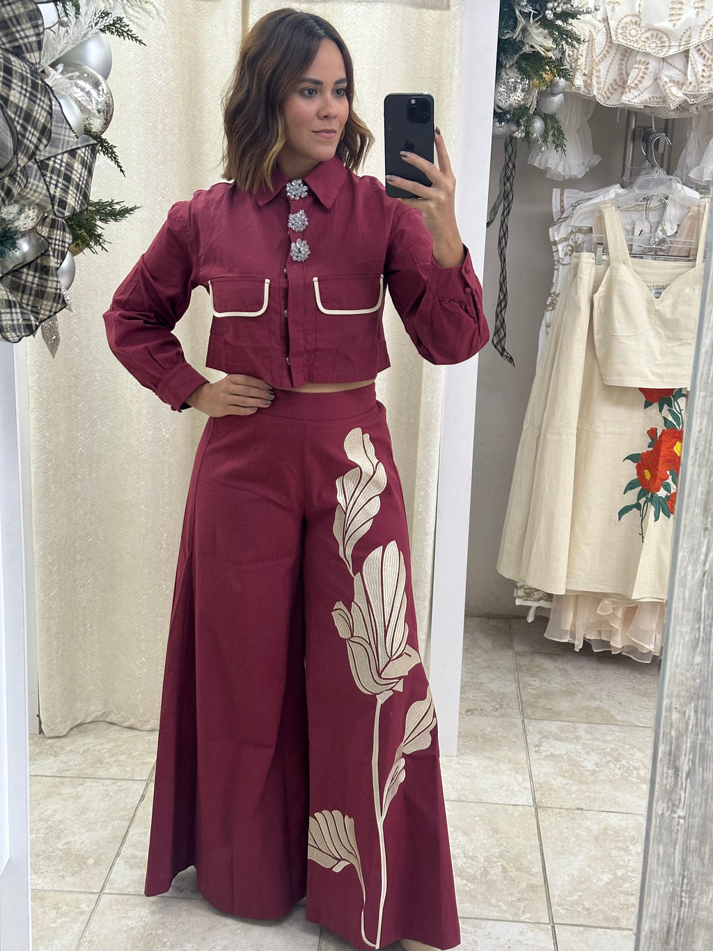 Burgundy Embriodery Leaves Pant Set