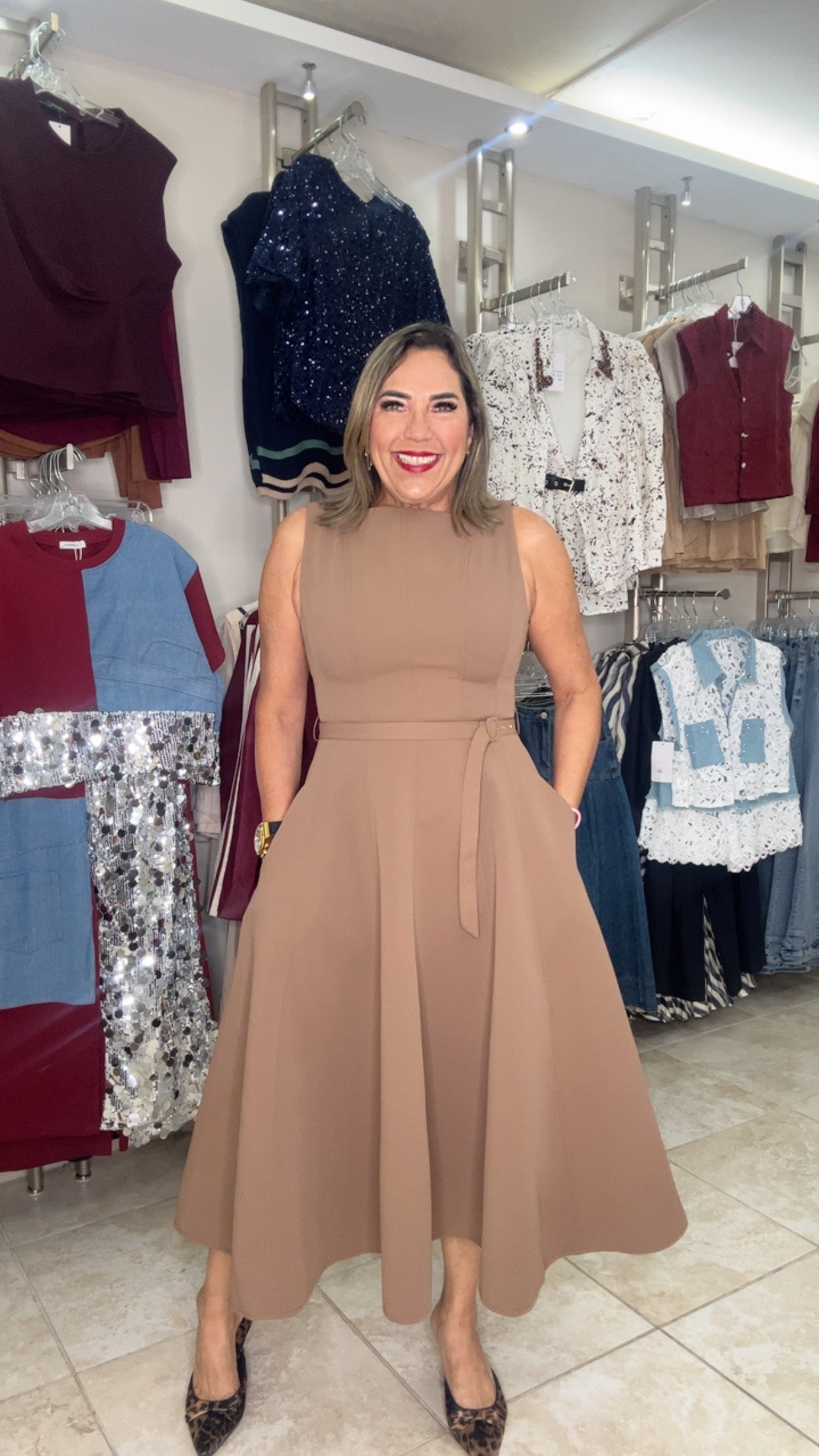 Brown Solid Midi Dress