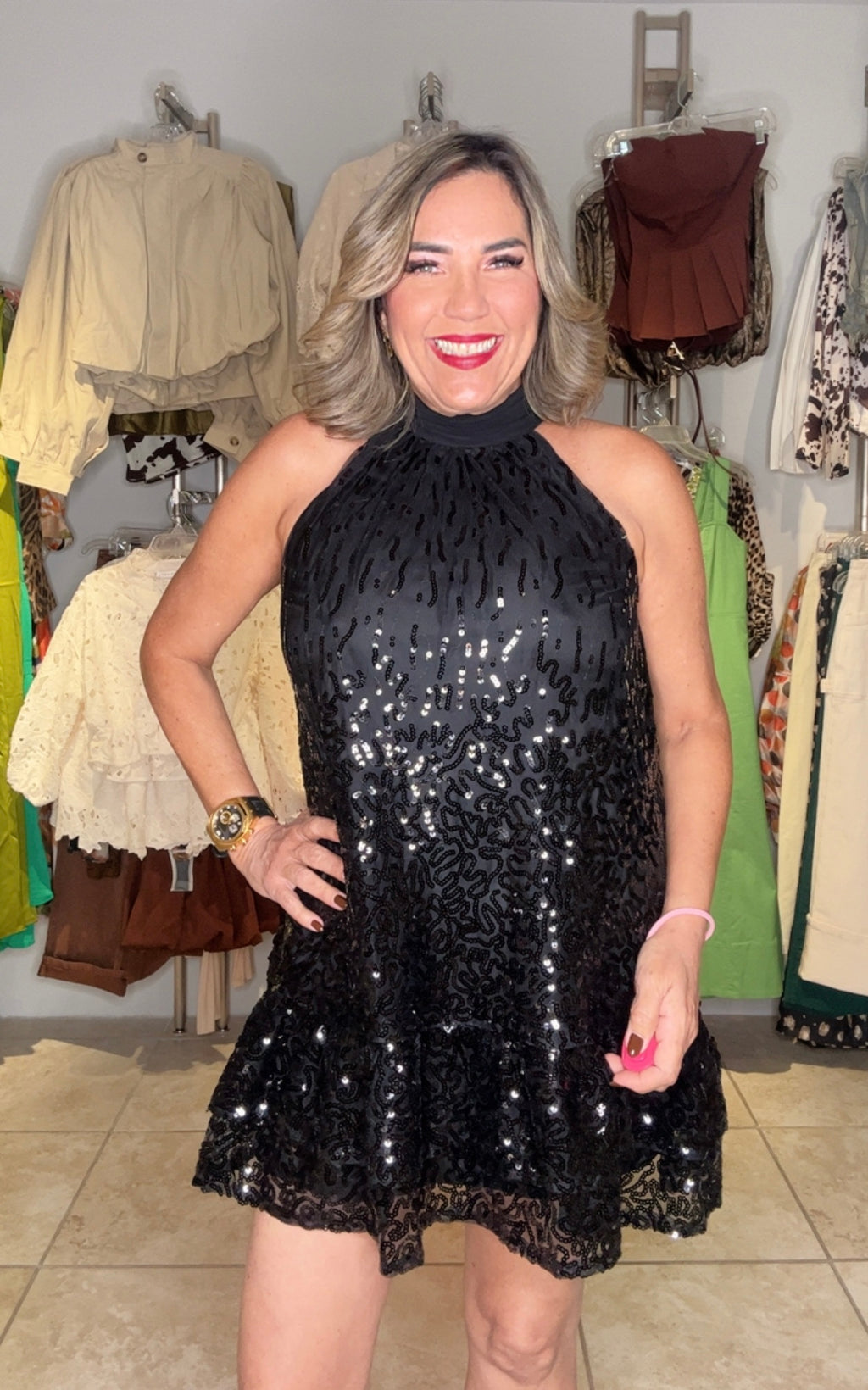 Sequin Embellished Halter Mini Dress