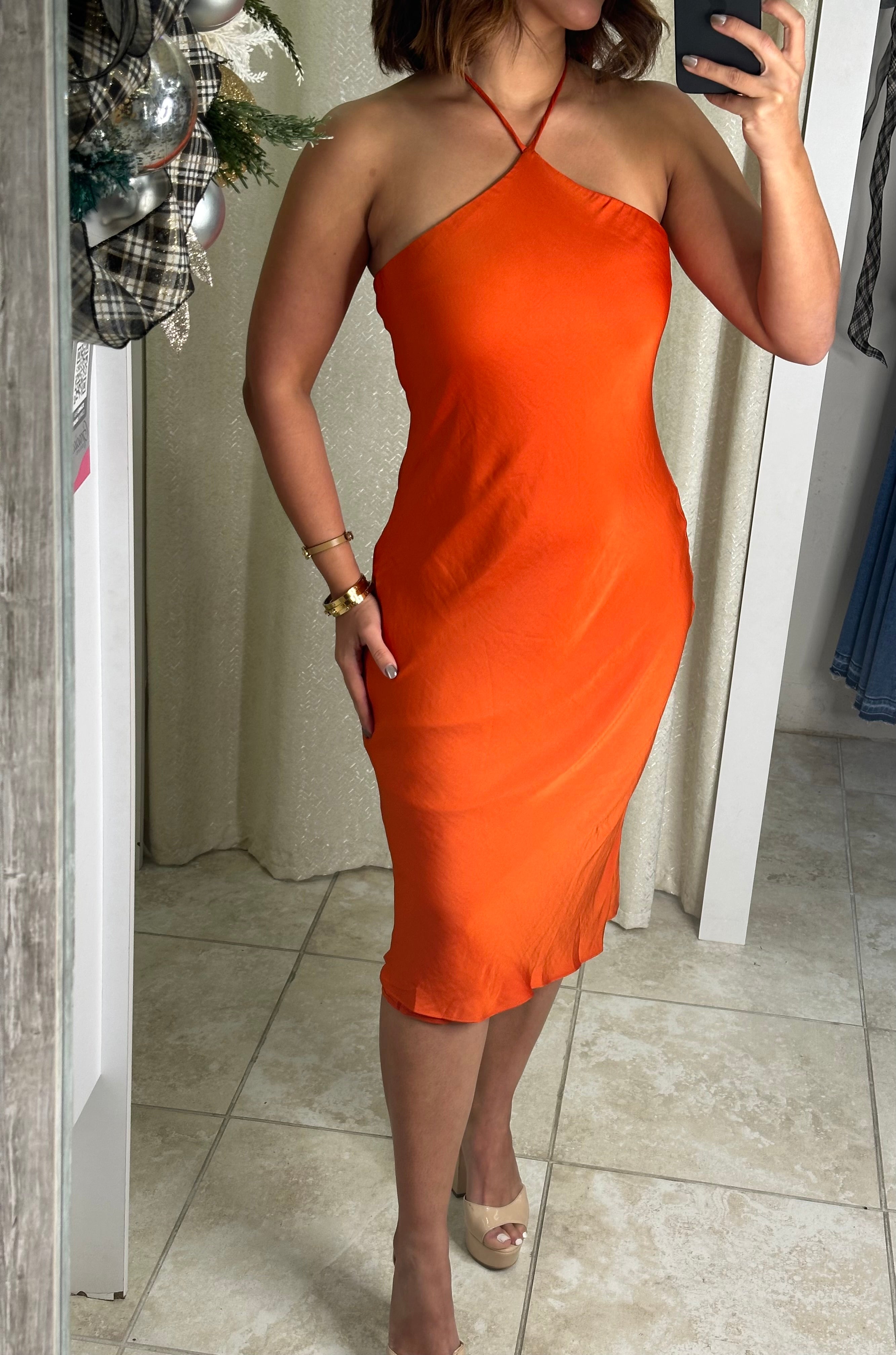 Pumkin Satin Halter Midi Dress