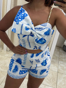 Printed Bow Shoulder Strap Detail Short Set