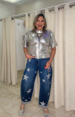 Dark Mid Rise Barrel Star Printed Jeans
