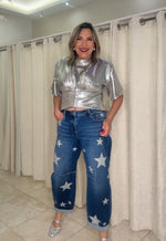 Dark Mid Rise Barrel Star Printed Jeans