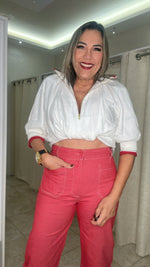 White & Red Puff Sleeve Blouse