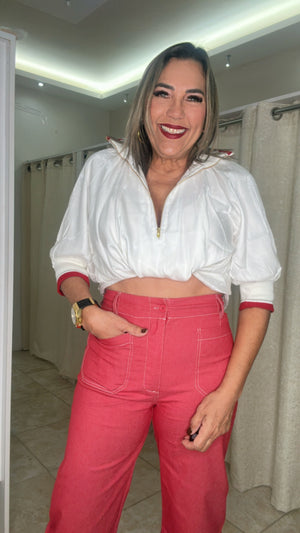 White & Red Puff Sleeve Blouse