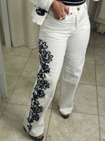 White Denim & Black Embroidery Pant Set