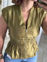 Shoulder Padded Front Zip Smocked Top