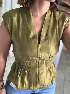 Shoulder Padded Front Zip Smocked Top