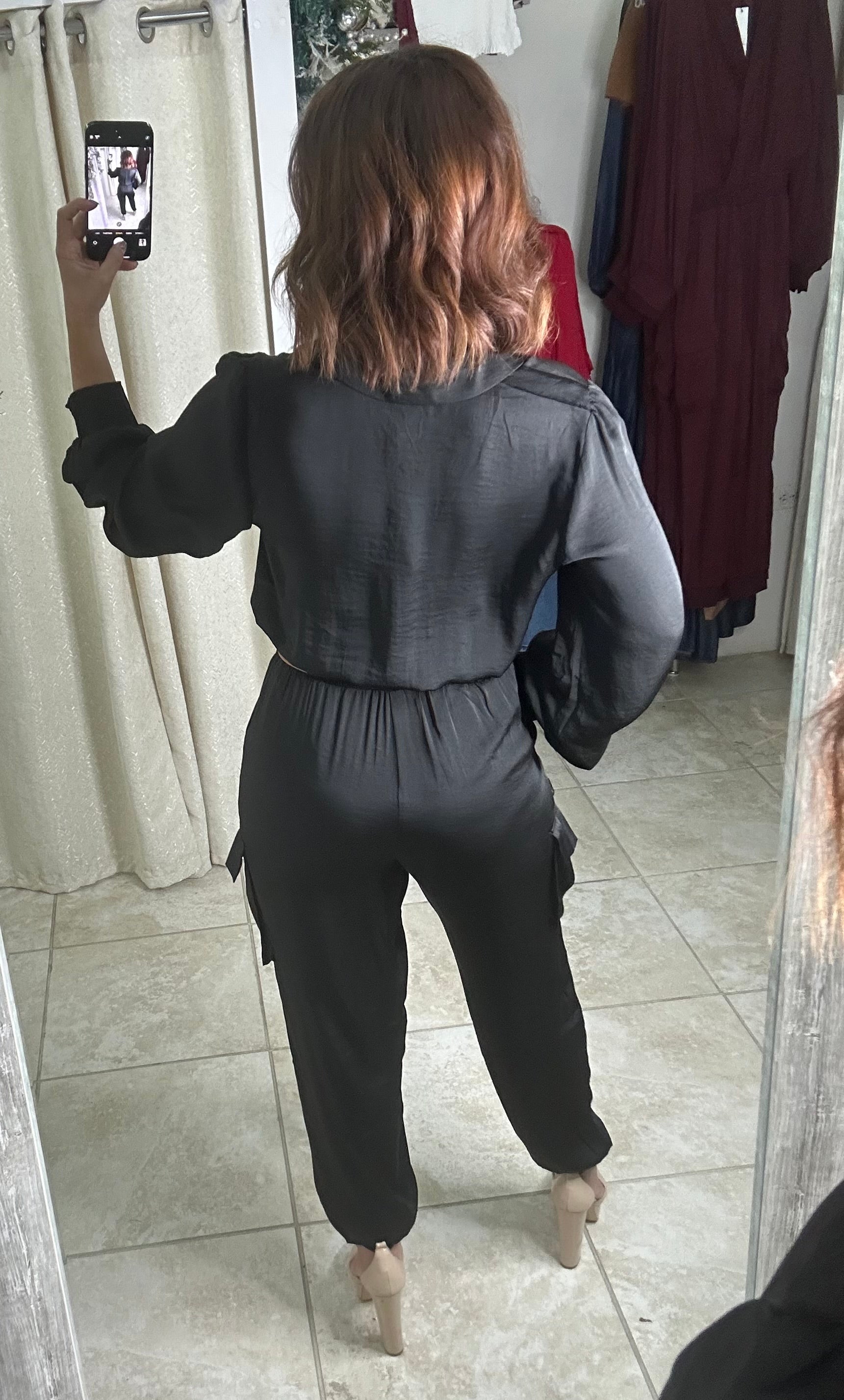 Black Long Sleeve Cargo Jumpsuit