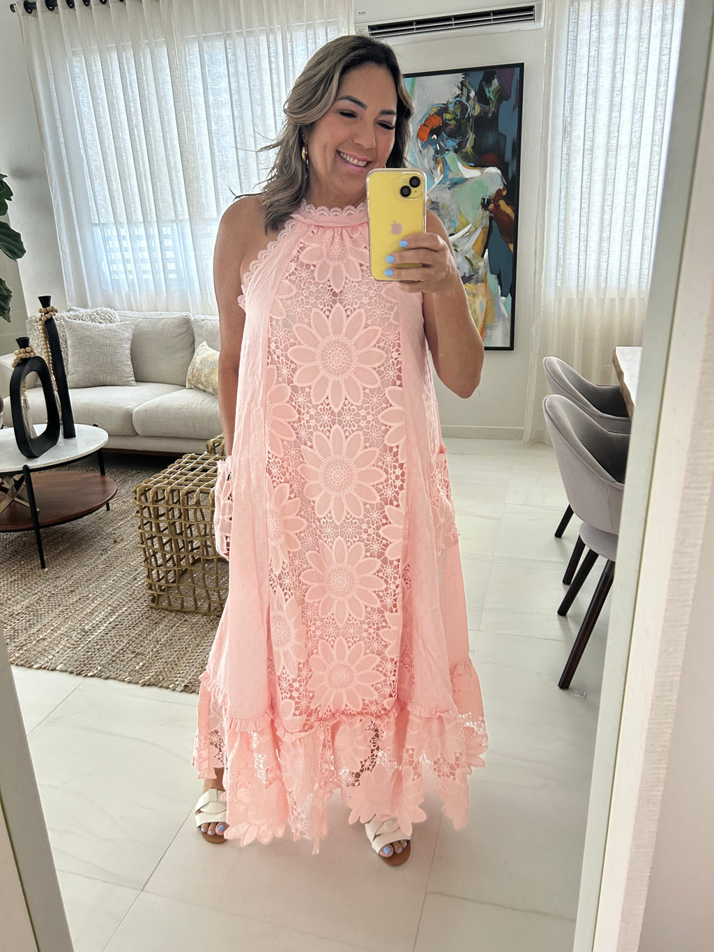 Pink Lace Detail Maxi Dress