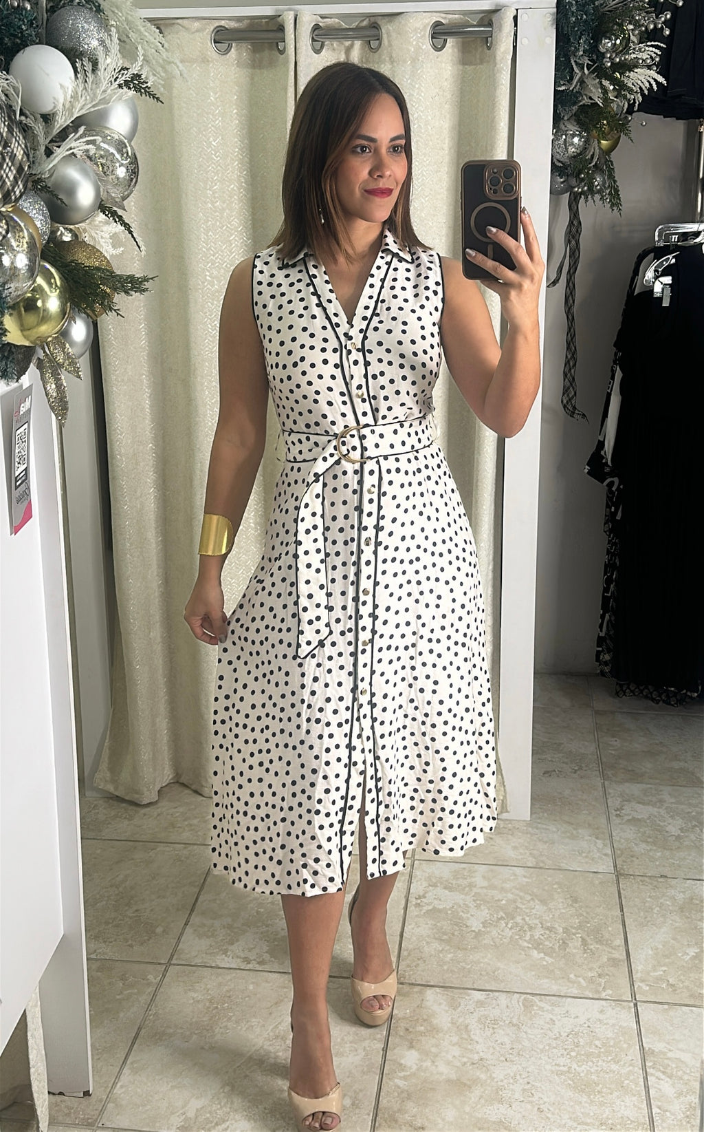 Cream Polkadots Midi Dress