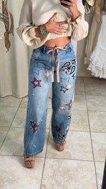 Stars & Paisley Mix Embroidery Denim Pants