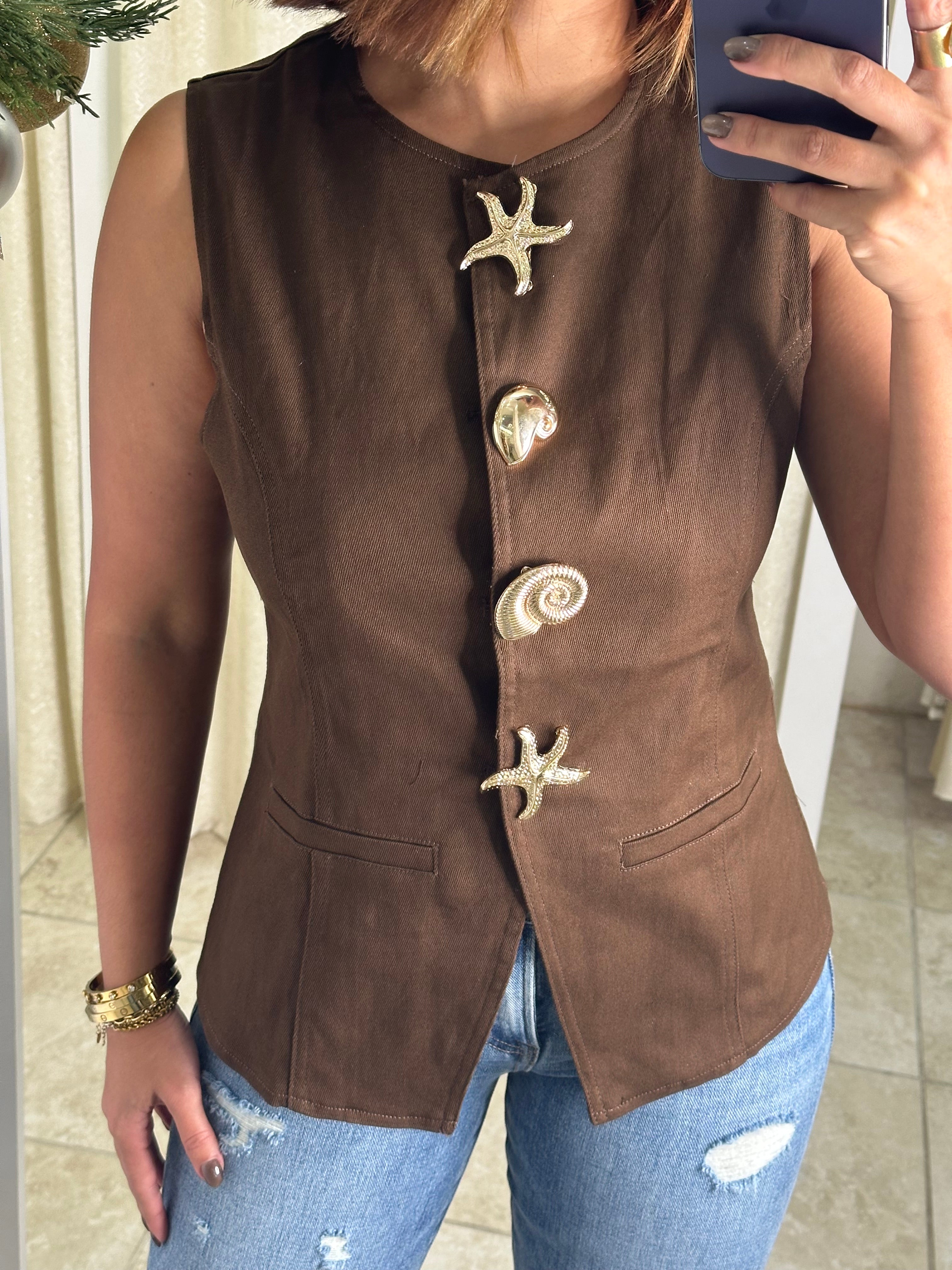 Brown Metal Button Blouse