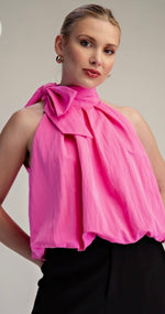 High Neck Tie Wrap Balloon Sleeveless Top