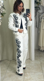 White Denim & Black Embroidery Pant Set