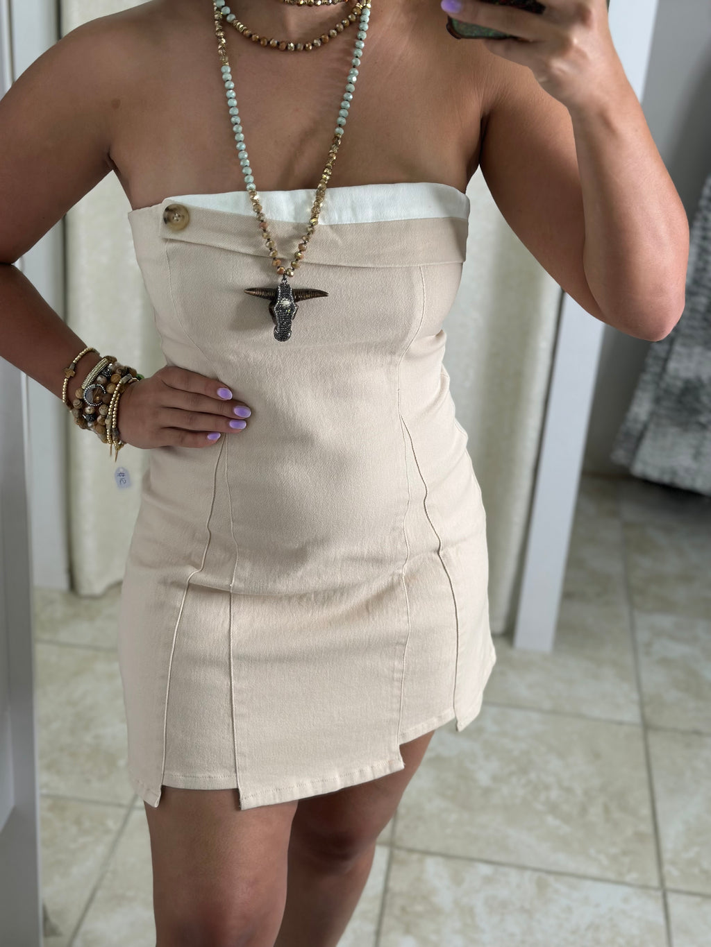 Cream Denim Short Dress