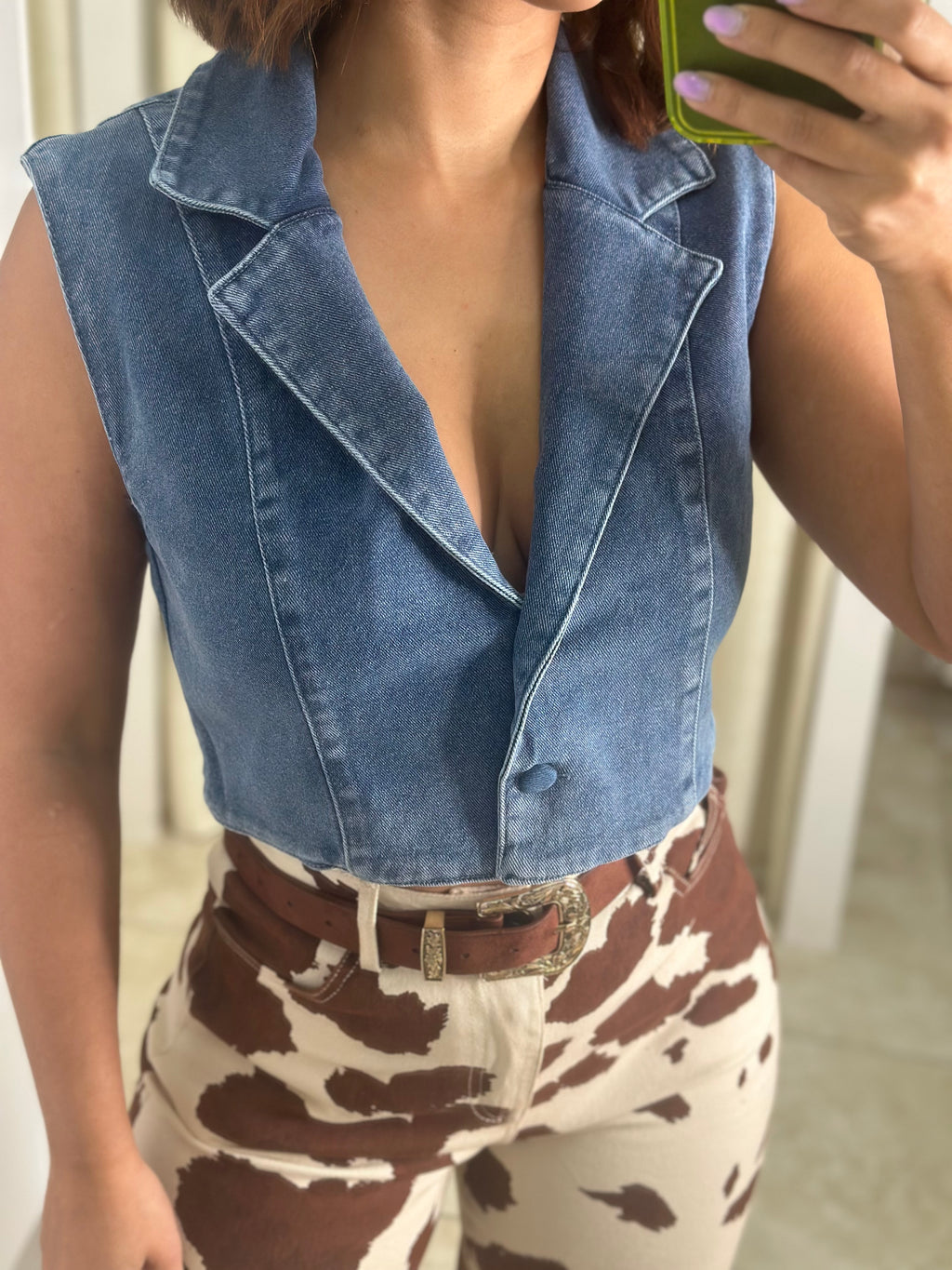 Collar Neck Cropped Denim Vest