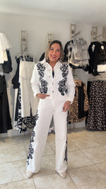 White Denim & Black Embroidery Pant Set