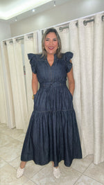 Denim Midi Dress Featuring V Neckline